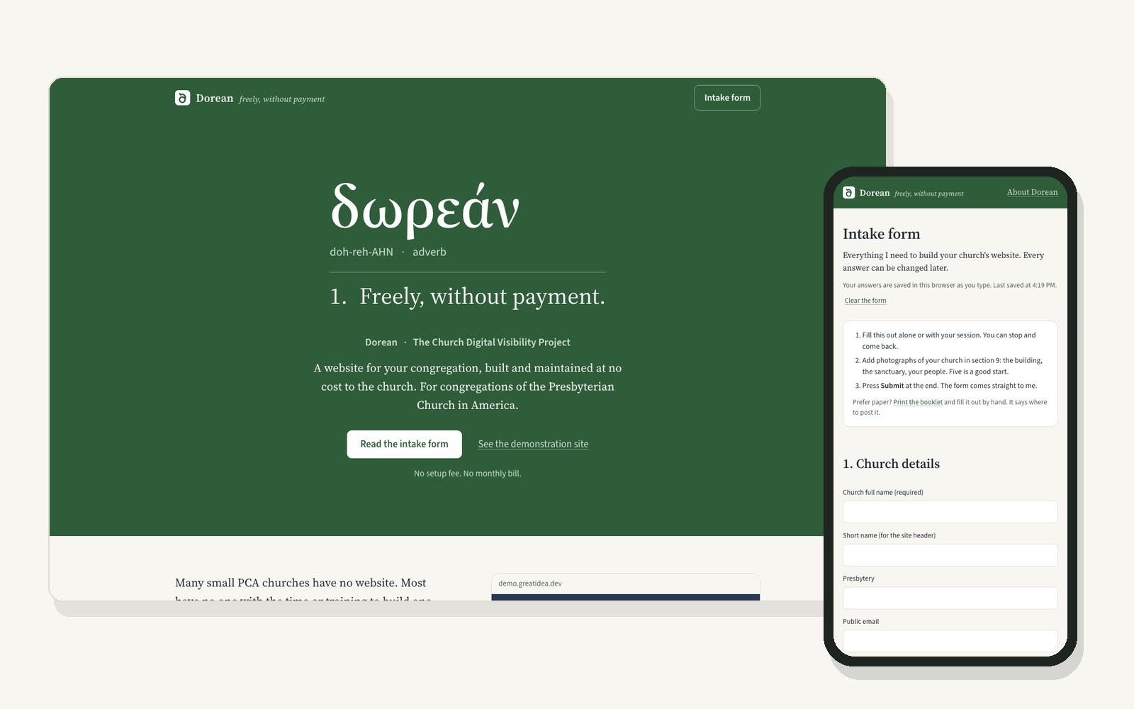 Dorean on a desktop and a phone: the Greek word with its definition, and the intake form a session fills out